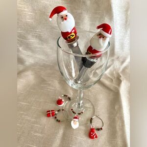 Santa Wine Stopper and Charm Set with Santa Cheese Spreader